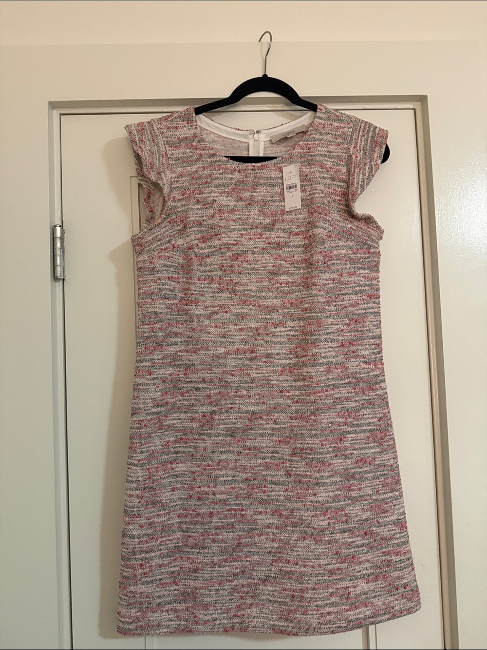 LOFT Pink and White Tweed Cap-Sleeve Shift Dress